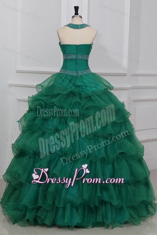 Green Halter Top Beading and Ruffles Layered Quinceanera Dress