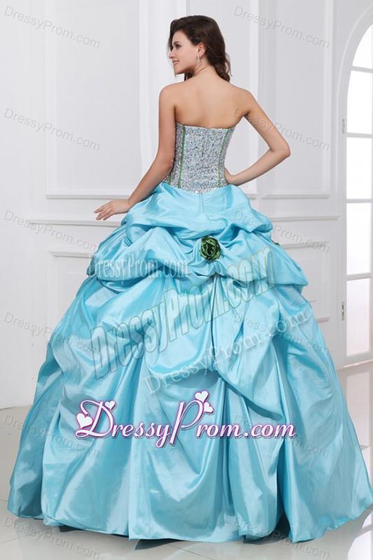Light Blue Strapless Sequins and Taffeta Quinceanera Dress with Flowers
