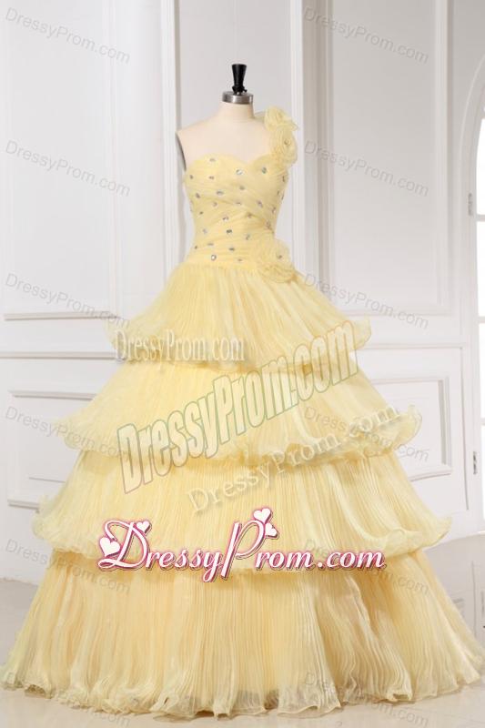 Light Yellow One Shoulder A-line Quinceanera Dress with Beading and Pleats