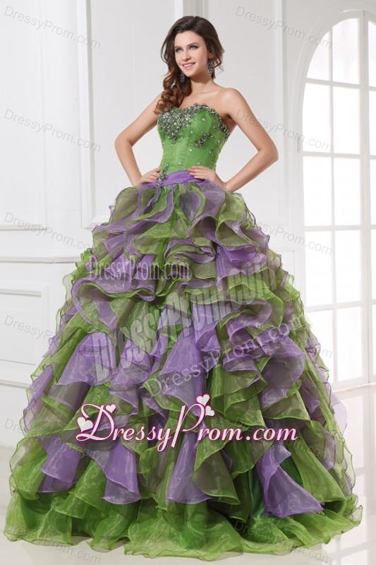 Organza Sweetheart Beading and Ruffles Quinceanera Dress in Multi-color