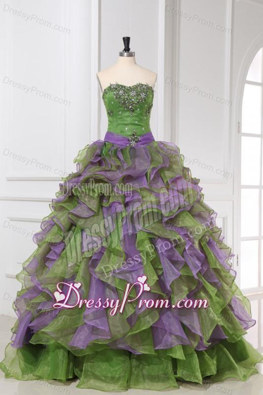Organza Sweetheart Beading and Ruffles Quinceanera Dress in Multi-color
