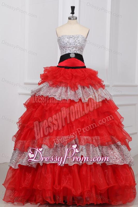 Red and White Strapless Beaded Decorate Organza Quinceanera Dress