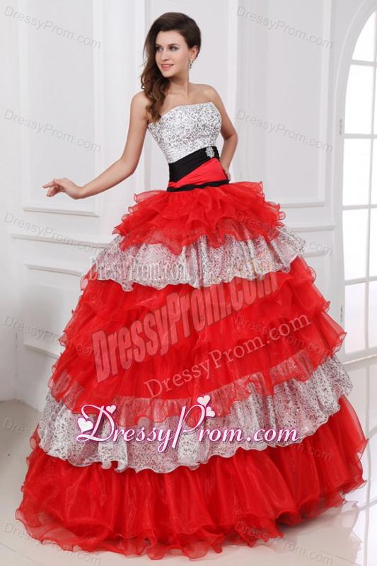 Red and White Strapless Organza Quinceanera Dress with Beading