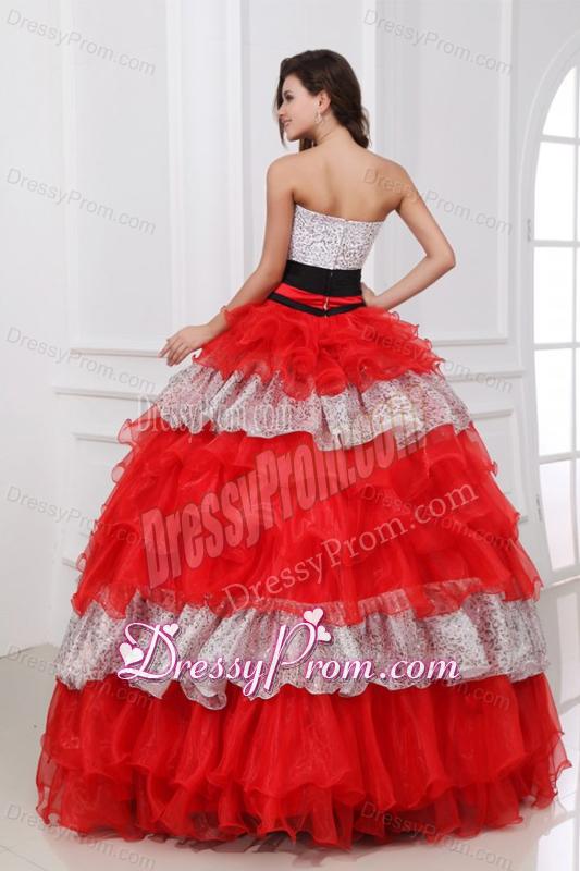 Red and White Strapless Organza Quinceanera Dress with Beading