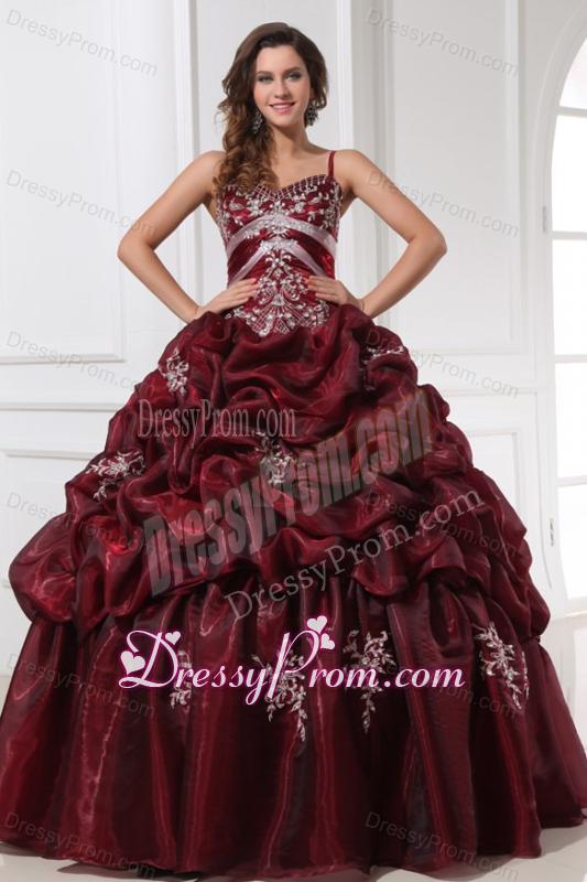 Spaghetti Straps Burgundy Long Quinceanera Dress with Appliques