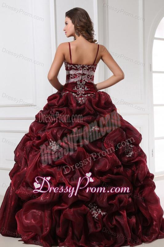 Spaghetti Straps Burgundy Long Quinceanera Dress with Appliques
