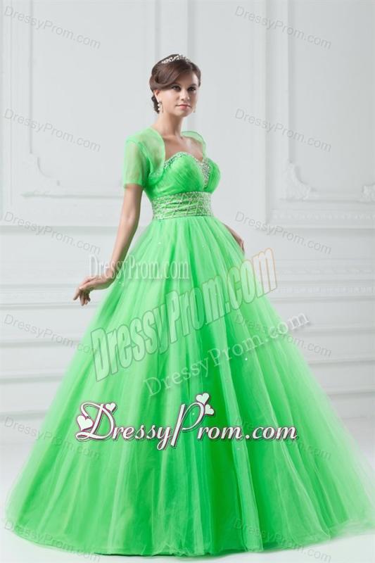 Spring Green Sweetheart Beaded Decorate Quinceanera Dress in Long