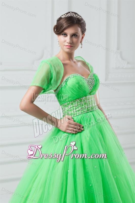 Spring Green Sweetheart Beaded Decorate Quinceanera Dress in Long