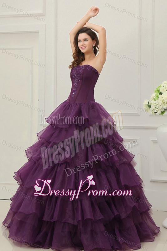 Strapless Beading and Ruffles Layered Quinceanera Dress in Dark Purple