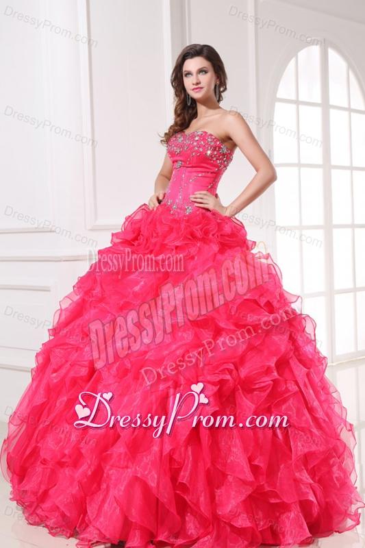 Strapless Organza Coral Red Quinceanera Dress with Beading and Ruffles