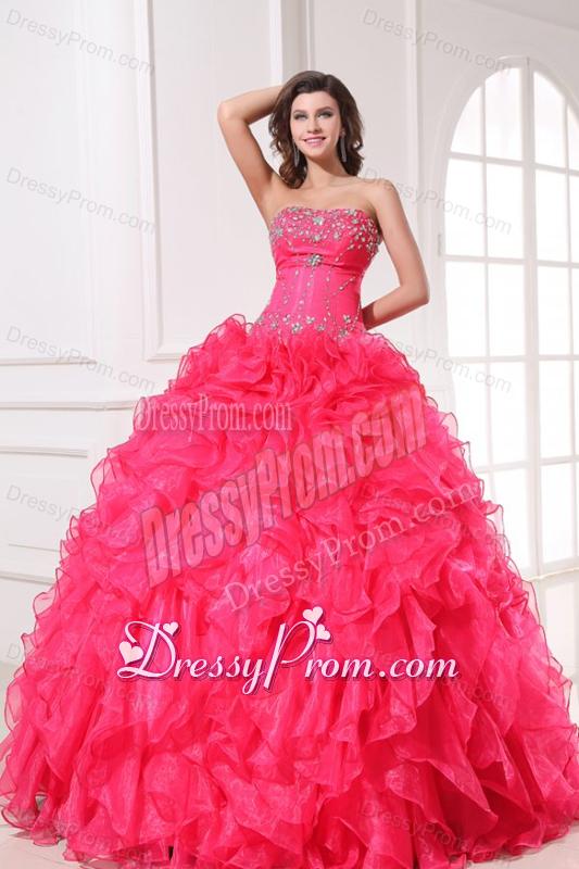 Strapless Organza Coral Red Quinceanera Dress with Beading and Ruffles