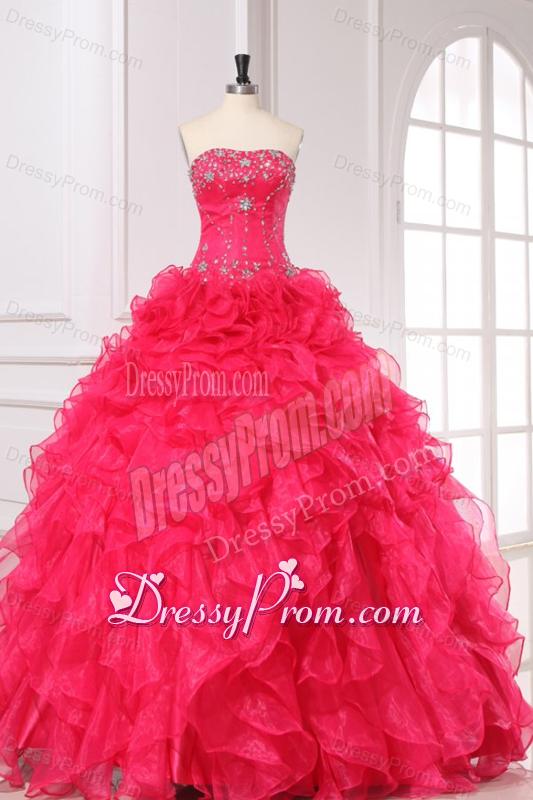 Strapless Organza Coral Red Quinceanera Dress with Beading and Ruffles
