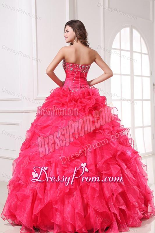 Strapless Organza Coral Red Quinceanera Dress with Beading and Ruffles