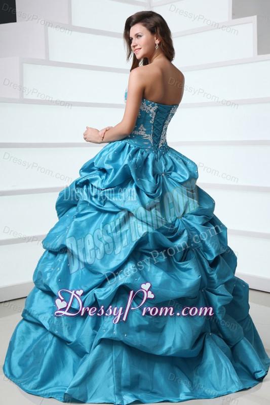 Sweetheart Appliques and Pick-ups Taffeta Quinceanera Dress in Teal