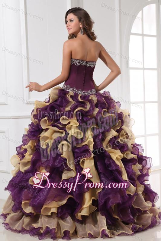 Sweetheart Beading and Ruffles Organza Multi-color Quinceanera Dress