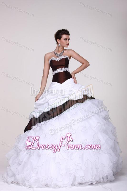 White and Brown Sweetheart Appliques and Ruffles Quinceanera Dress