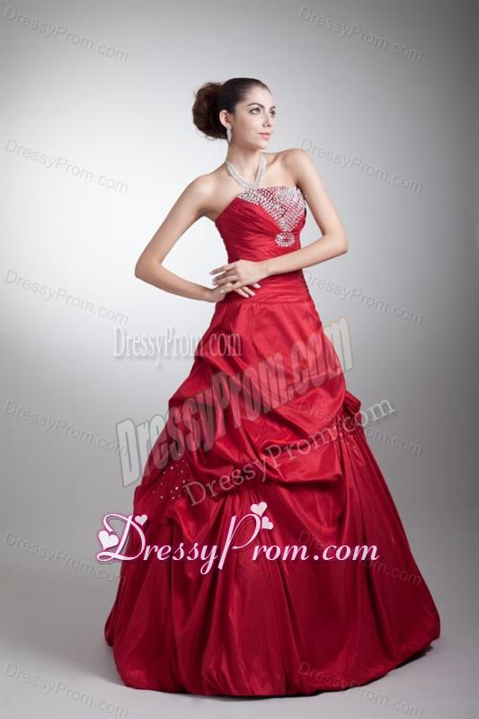 Wine Red A-line Strapless Taffeta Quinceanera Dress with Beading