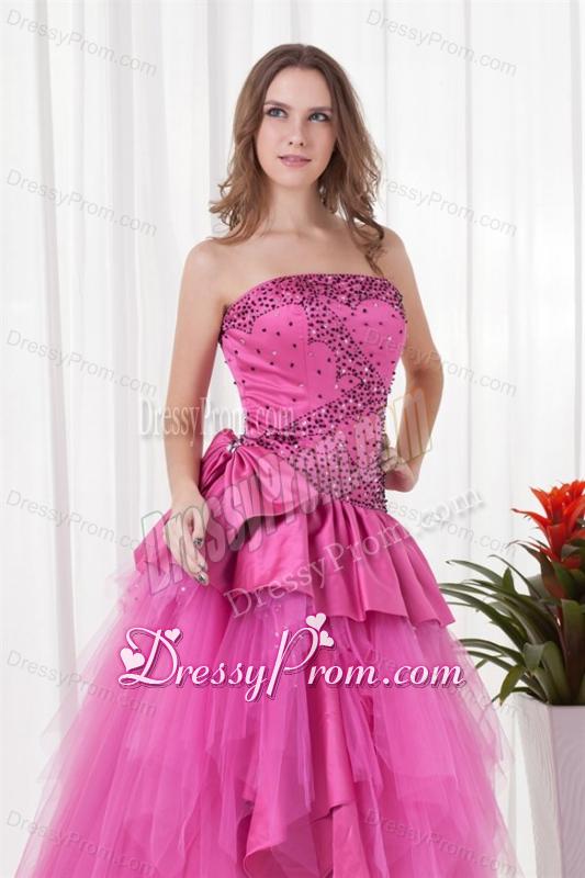 A-line Strapless Beading and Bowknot Quinceanera Dress in Hot Pink