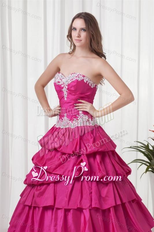 A-line Sweetheart Hot Pink Taffeta Appliques Long Quinceanera Dress