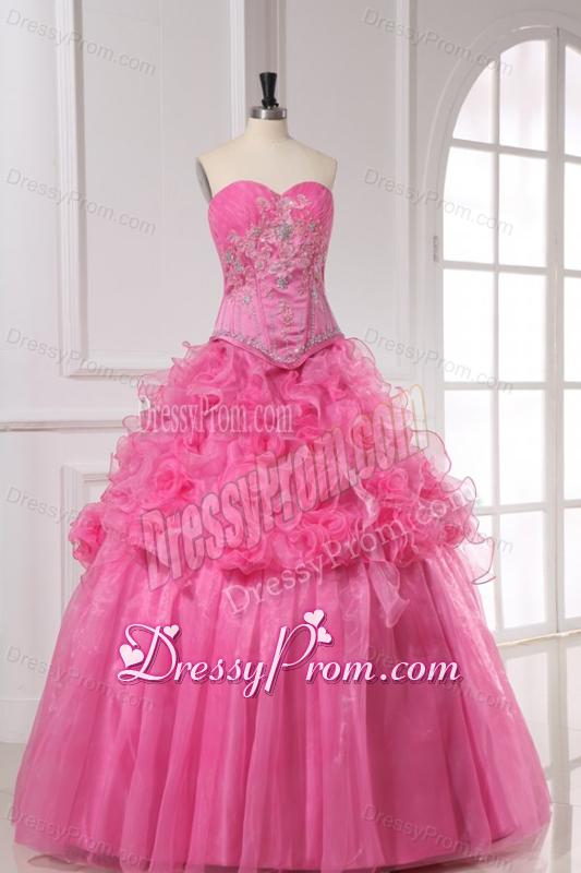 Appliques and Rolling Flowers Organza Rose Pink Quinceanera Dress