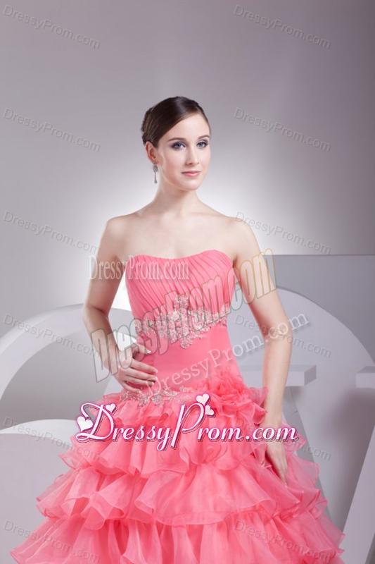 Appliques and Ruffles Layered Strapless Watermelon Quinceanera Dress