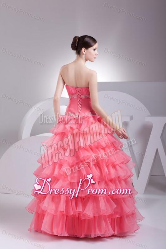 Appliques and Ruffles Layered Strapless Watermelon Quinceanera Dress