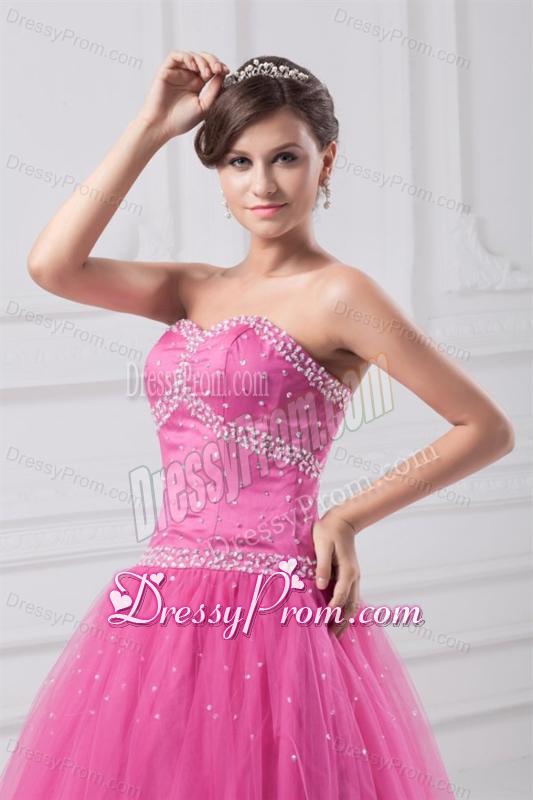 Hot Pink Sweetheart Beaded Decorate Tulle Quinceanera Dress