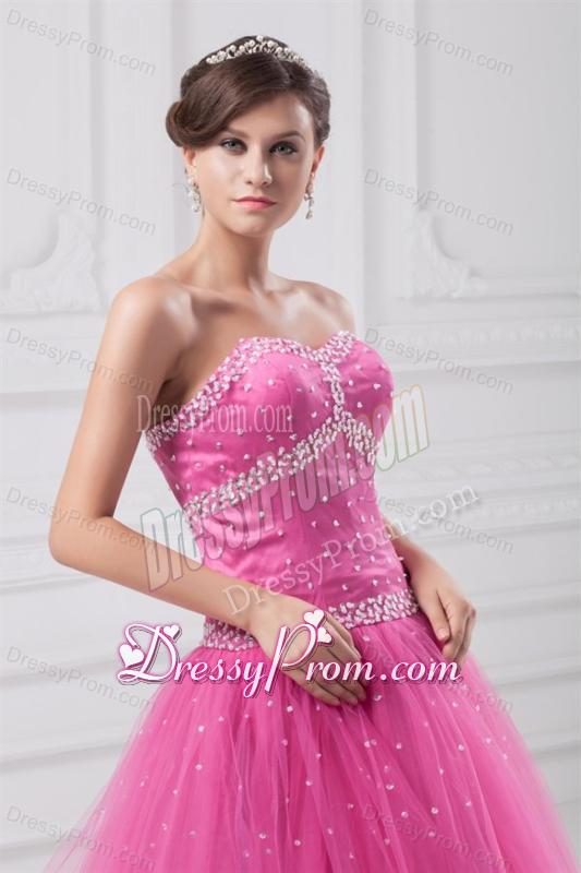 Hot Pink Sweetheart Beaded Decorate Tulle Quinceanera Dress