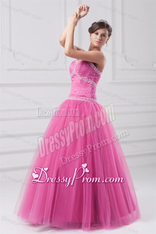 Hot Pink Sweetheart Beaded Decorate Tulle Quinceanera Dress