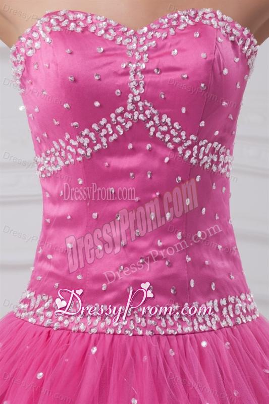 Hot Pink Sweetheart Beaded Decorate Tulle Quinceanera Dress