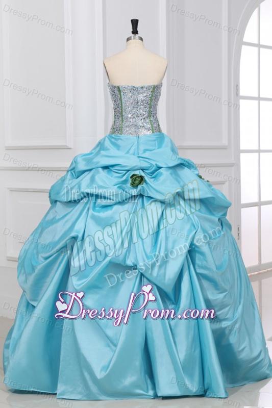 Light Blue Strapless Sequins and Taffeta Flowers Quinceanera Dress
