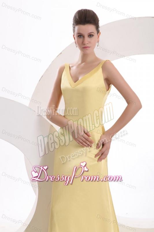 Light Yellow Column V neck Criss Cross Ruching Prom Dress with Brush Train