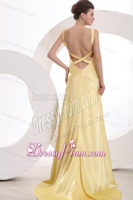 Light Yellow Column V neck Criss Cross Ruching Prom Dress with Brush Train