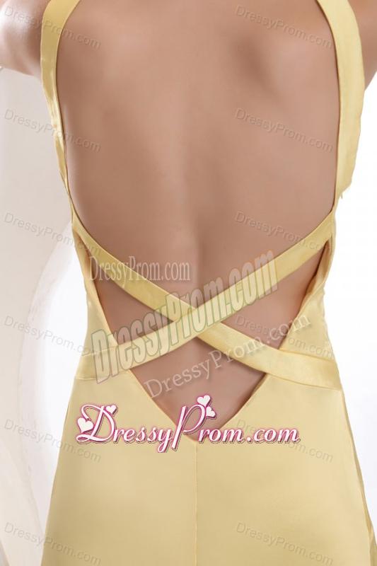 Light Yellow Column V neck Criss Cross Ruching Prom Dress with Brush Train