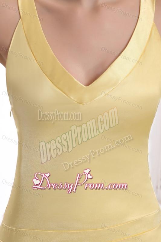 Light Yellow Column V neck Criss Cross Ruching Prom Dress with Brush Train