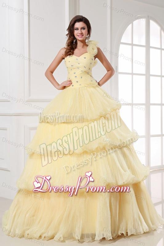 Light Yellow One Shoulder Beading and Pleats A-line Quinceanera Dress