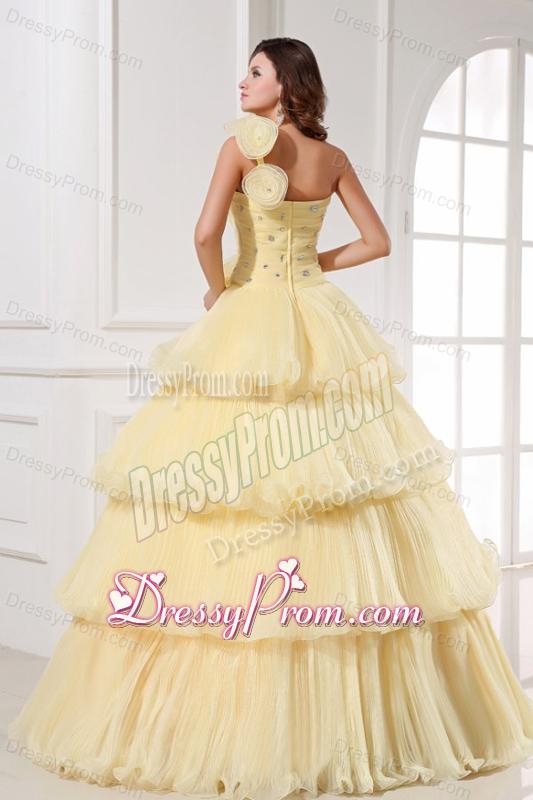 Light Yellow One Shoulder Beading and Pleats A-line Quinceanera Dress