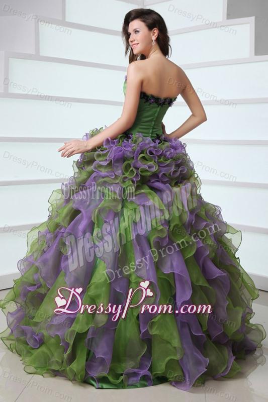 Multi-color Strapless Appliques and Ruffles Quinceanera Dress with Organza