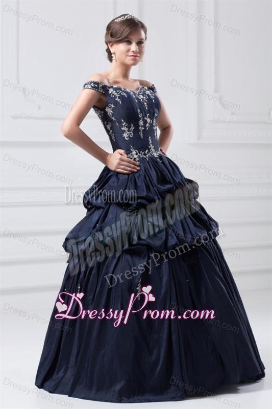 Off The Shoulder Taffeta Navy Blue Quinceanera Dress with Appliques