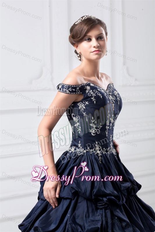 Off The Shoulder Taffeta Navy Blue Quinceanera Dress with Appliques