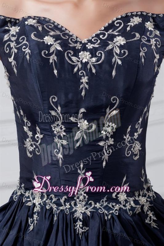 Off The Shoulder Taffeta Navy Blue Quinceanera Dress with Appliques