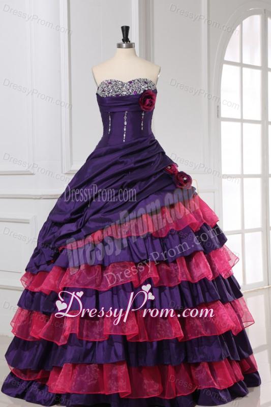 Red and Purple Sweetheart Beading and Ruffles Layered Quinceanera Dress