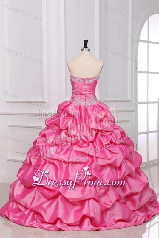 Rose Pink Strapless Appliques and Pick-ups Quinceanera Dress with Taffeta