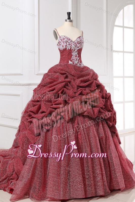 Spaghetti Straps Appliques and Pick-ups Quinceanera Dress in Burgundy