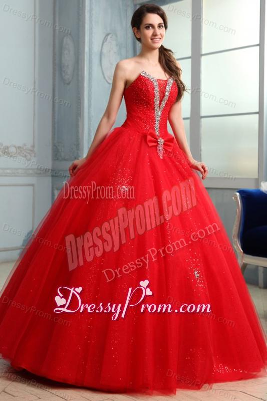 Strapless Beaded Decorate Fill Length Quinceanera Dress in Red