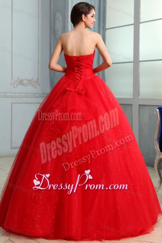 Strapless Beaded Decorate Fill Length Quinceanera Dress in Red