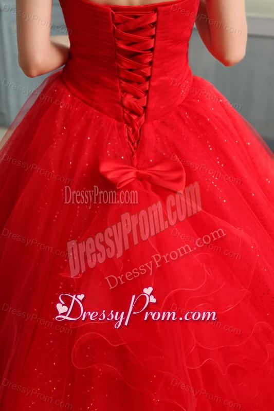 Strapless Beaded Decorate Fill Length Quinceanera Dress in Red