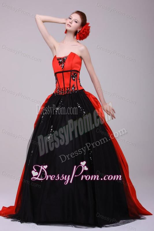Strapless Red and Black Quinceanera Dress with Appliques with Beading