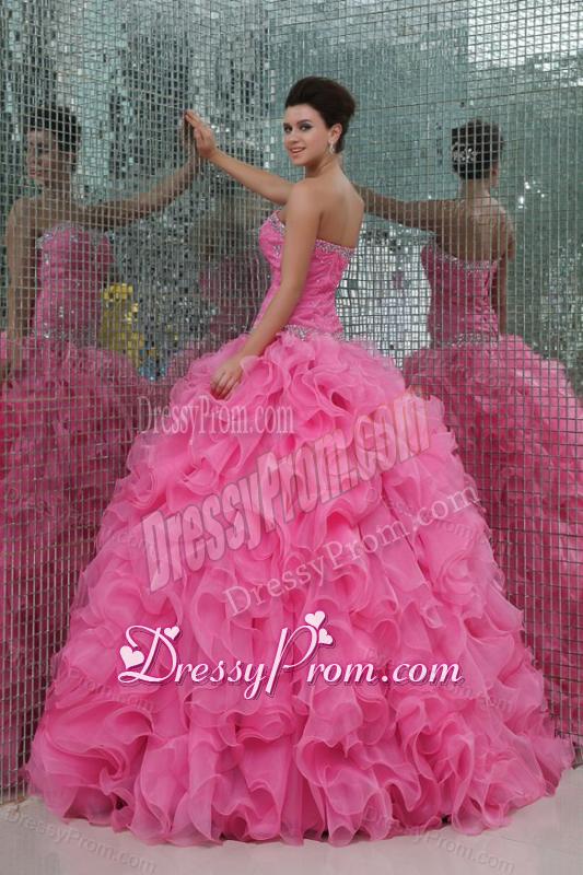 Strapless Rose Pink Organza Beading and Ruffles Quinceanera Dress