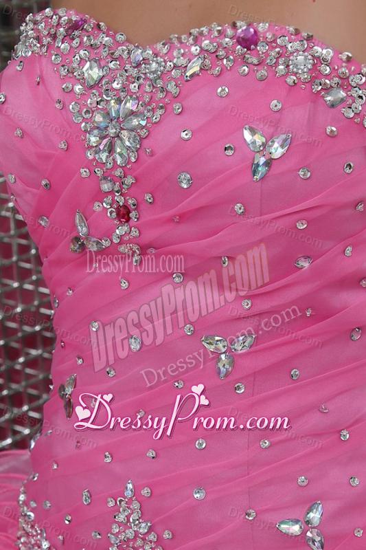 Strapless Rose Pink Organza Beading and Ruffles Quinceanera Dress